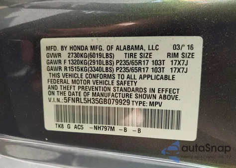 2016 Honda Odyssey Se z USA, uszkodzony, nr VIN 5FNRL5H35GB079929